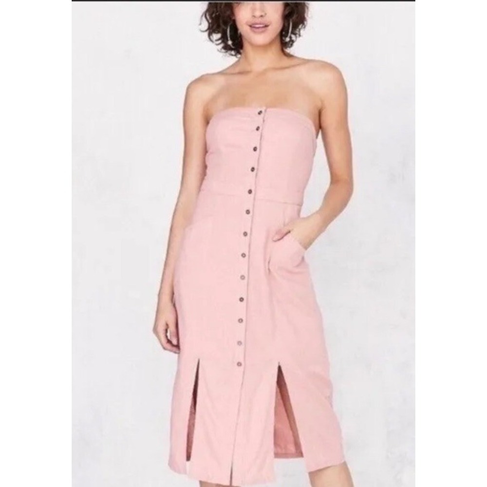 Pastel Pink Linen Blend Strapless Button Down Midi Dress with Pockets Slits